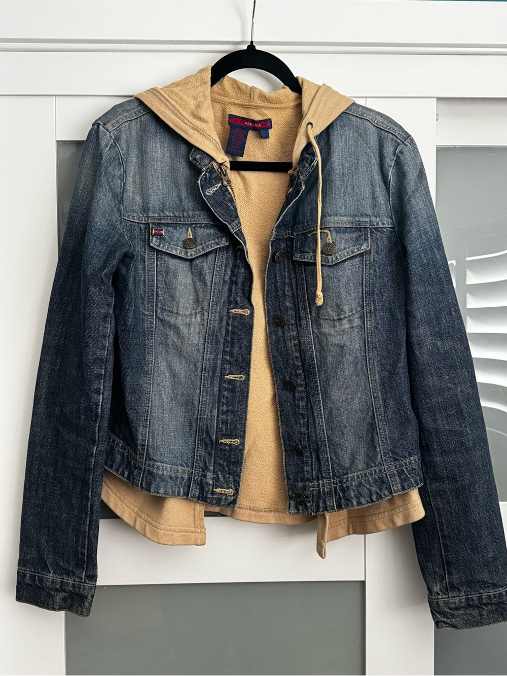 BCBGMaxAzria Blue Denim Jacket with Tan Hoodie Liner